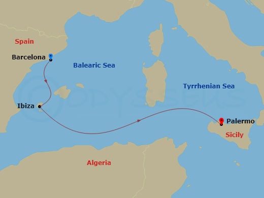 3 Night - Western Mediterranean from Barcelona - Costa Smeralda - Starting in Barcelona, Ibiza, Palermo itinerary map