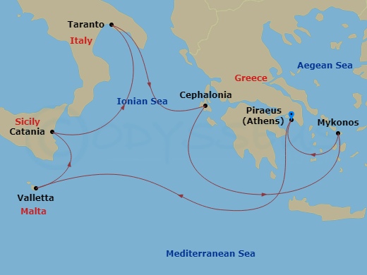 7 Night - Eastern Mediterranean from Athens (Pireo) - Costa Fascinosa - Starting in Piraeus (Athens), Malta / La Valletta, Catania, Taranto, Argostoli (Cephalonia), Mykonos, Piraeus (Athens) itinerary map