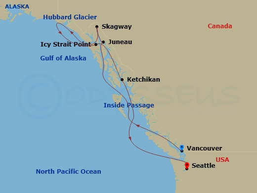 9 Night - Alaska : Vancouver to Seattle - Brilliant Lady - Starting in Vancouver, British Columbia, Canada, Inside Passage (Cruising), Juneau, Alaska, Skagway, Alaska, Hubbard Glacier (Cruising), Icy Strait Point, Alaska, Ketchikan, Alaska, Seattle, Washington itinerary map