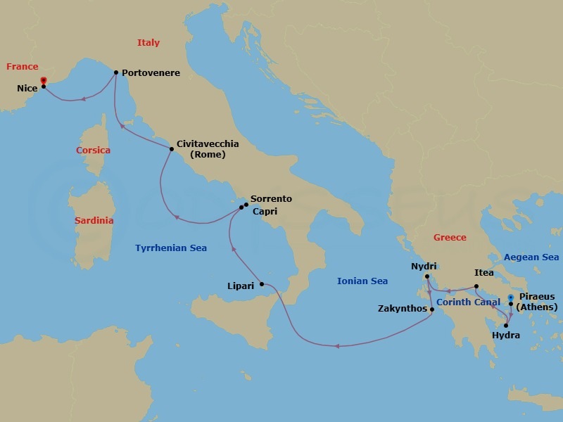 11 Night - Athens to Nice - World Traveller - Starting in Piraeus (Athens), Hydra, Greece, Corinth Canal Transit, Itea (Delphi), Nydri (Lefkada), Greece, Zakynthos, Ionian Sea Scenic Navigation, Lipari (Aeolian Islands), Italy, Capri, Sorrento, Italy, Civitavecchia (Rome), Porto Venere, (Cinque Terre), Nice itinerary map