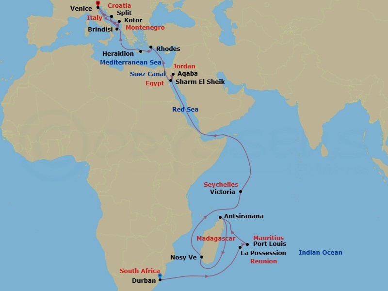 31 Night - Msc Grand Voyages - MSC Armonia - Starting in Durban, South Africa, La Possession, Reunion, Port Louis, Mauritius, Antsiranana (Diego Suarez), Madagascar, Nosy Be, Madagascar, Port Victoria, Seychelles, Aqaba (Petra), Jordan, Sharm El-Sheikh, Egypt, Suez Canal (Transit), Egypt, Rhodes (Lindos), Greece, Heraklion (Crete), Greece, Split, Croatia, Venice / Marghera, Italy, Kotor, Montenegro, Brindisi (Lecce), Italy, Split, Croatia, Venice / Marghera, Italy itinerary map