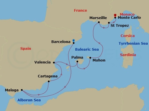 10 Night - Barcelona to Monte Carlo - Silver Ray - Starting in Barcelona, Malaga (Costa del Sol), Cartagena ES, Spain, Valencia, Palma De Mallorca, Porto Mahon, Marseille, Saint Tropez, Monte Carlo itinerary map