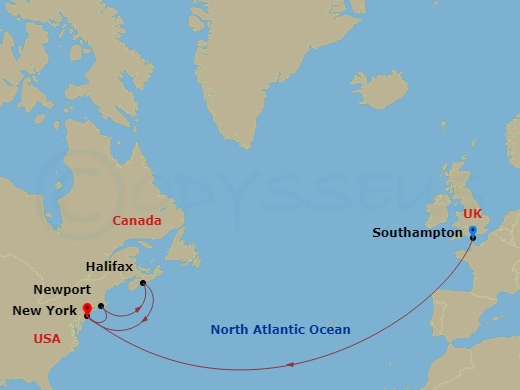 14 Night - Transatlantic Crossing, New England and Canada - Queen Mary 2 - Starting in Southampton, England, UK, New York, NY, Newport, RI, Halifax, NS, Canada, New York, NY itinerary map