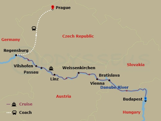 12 Night - Christmas Markets On the Danube with Budapest Pre-Cruise, Prague Post-Cruise - AmaSofia Tours - Starting in Budapest, Bratislava, Vienna, Weissenkirchen, Linz, Passau, Villany, Regensburg, Prague itinerary map