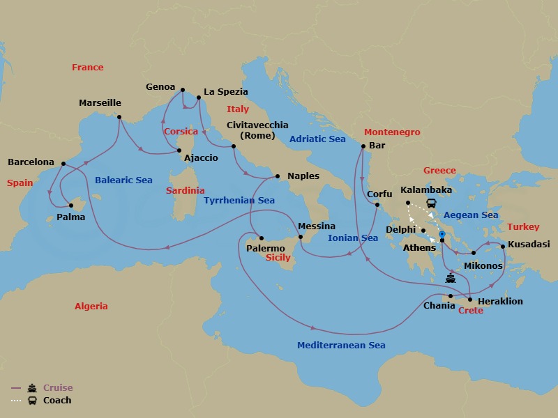 25 Night - Best of Greece - Tour 5C - Sun Princess Tours - Starting in Athens (Piraeus), Greece, Delphi, Greece, Kalambaka, Greece, Athens (Piraeus), Greece, Crete (Heraklion), Greece, Montenegro, Corfu, Greece, Sicily (Messina), Italy, Barcelona, Spain, Mallorca (Palma), Spain, Marseille (Provence), France, Corsica (Ajaccio), France, Genoa (for Cinque Terre), Italy, La Spezia (for Florence / Pisa), Italy, Civitavecchia (for Rome), Italy, Naples, Italy (for Capri and Pompeii), Sicily (Palermo), Italy, Crete (Chania), Greece, Kusadasi, Turkey (for Ephesus), Mykonos, Greece, Athens (Piraeus), Greece itinerary map