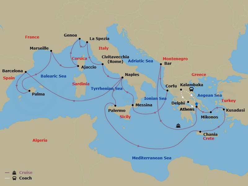 25 Night - Best of Greece - Tour 5C - Sun Princess Tours - Starting in Athens (Piraeus), Greece, Delphi, Greece, Kalambaka, Greece, Athens (Piraeus), Greece, Montenegro, Corfu, Greece, Sicily (Messina), Italy, Naples, Italy (for Capri and Pompeii), Barcelona, Spain, Mallorca (Palma), Spain, Marseille (Provence), France, Corsica (Ajaccio), France, Genoa (for Cinque Terre), Italy, La Spezia (for Florence / Pisa), Italy, Civitavecchia (for Rome), Italy, Naples, Italy (for Capri and Pompeii), Sicily (Palermo), Italy, Crete (Chania), Greece, Kusadasi, Turkey (for Ephesus), Mykonos, Greece, Athens (Piraeus), Greece itinerary map
