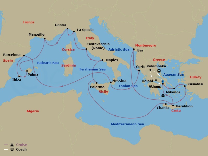 25 Night - Best of Greece - Tour 5C - Sun Princess Tours - Starting in Athens (Piraeus), Greece, Delphi, Greece, Kalambaka, Greece, Athens (Piraeus), Greece, Crete (Heraklion), Greece, Montenegro, Corfu, Greece, Sicily (Messina), Italy, Barcelona, Spain, Ibiza, Spain, Mallorca (Palma), Spain, Marseille (Provence), France, Genoa (for Cinque Terre), Italy, La Spezia (for Florence / Pisa), Italy, Civitavecchia (for Rome), Italy, Naples, Italy (for Capri and Pompeii), Sicily (Palermo), Italy, Crete (Chania), Greece, Kusadasi, Turkey (for Ephesus), Mykonos, Greece, Athens (Piraeus), Greece itinerary map