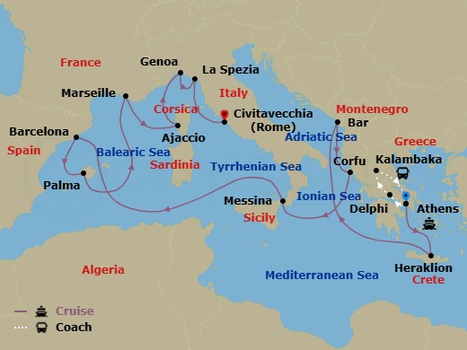 18 Night - Best of Greece - Tour 5B - Sun Princess Tours - Starting in Athens (Piraeus), Greece, Delphi, Greece, Kalambaka, Greece, Athens (Piraeus), Greece, Crete (Heraklion), Greece, Montenegro, Corfu, Greece, Sicily (Messina), Italy, Barcelona, Spain, Mallorca (Palma), Spain, Marseille (Provence), France, Corsica (Ajaccio), France, Genoa (for Cinque Terre), Italy, La Spezia (for Florence / Pisa), Italy, Civitavecchia (for Rome), Italy itinerary map