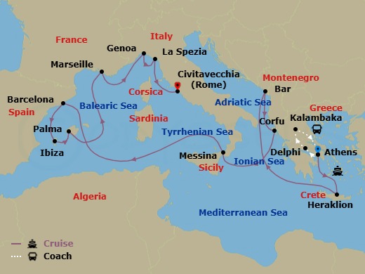18 Night - Best of Greece - Tour 5B - Sun Princess Tours - Starting in Athens (Piraeus), Greece, Delphi, Greece, Kalambaka, Greece, Athens (Piraeus), Greece, Crete (Heraklion), Greece, Montenegro, Corfu, Greece, Sicily (Messina), Italy, Barcelona, Spain, Ibiza, Spain, Mallorca (Palma), Spain, Marseille (Provence), France, Genoa (for Cinque Terre), Italy, La Spezia (for Florence / Pisa), Italy, Civitavecchia (for Rome), Italy itinerary map