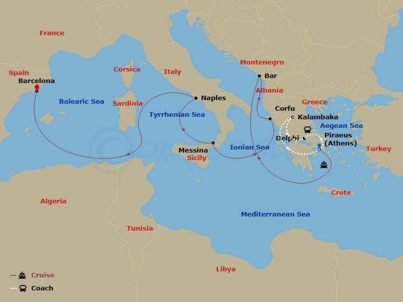 11 Night - Best of Greece - Tour 5A - Sun Princess Tours - Starting in Athens (Piraeus), Greece, Delphi, Greece, Kalambaka, Greece, Athens (Piraeus), Greece, Montenegro, Corfu, Greece, Sicily (Messina), Italy, Naples, Italy (for Capri and Pompeii), Barcelona, Spain itinerary map