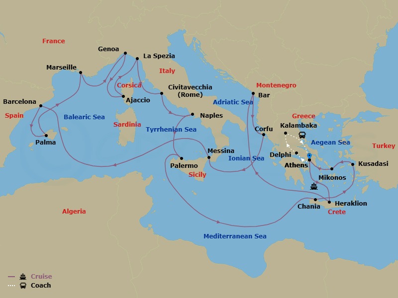25 Night - Best of Greece - Tour 5C - Sun Princess Tours - Starting in Athens (Piraeus), Greece, Delphi, Greece, Kalambaka, Greece, Athens (Piraeus), Greece, Crete (Heraklion), Greece, Montenegro, Corfu, Greece, Sicily (Messina), Italy, Barcelona, Spain, Mallorca (Palma), Spain, Marseille (Provence), France, Genoa (for Cinque Terre), Italy, Corsica (Ajaccio), France, La Spezia (for Florence / Pisa), Italy, Civitavecchia (for Rome), Italy, Naples, Italy (for Capri and Pompeii), Sicily (Palermo), Italy, Crete (Chania), Greece, Kusadasi, Turkey (for Ephesus), Mykonos, Greece, Athens (Piraeus), Greece itinerary map