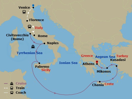 13 Night - Classic Italy - Tour 4A - Sun Princess Tours - Starting in Venice, Italy, Florence, Italy, Rome, Italy, Civitavecchia (for Rome), Italy, Naples, Italy (for Capri and Pompeii), Sicily (Palermo), Italy, Crete (Chania), Greece, Kusadasi, Turkey (for Ephesus), Mykonos, Greece, Athens (Piraeus), Greece itinerary map