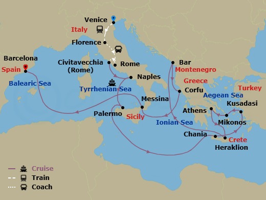 20 Night - Classic Italy - Tour 4A - Sun Princess Tours - Starting in Venice, Italy, Florence, Italy, Rome, Italy, Civitavecchia (for Rome), Italy, Naples, Italy (for Capri and Pompeii), Sicily (Palermo), Italy, Crete (Chania), Greece, Kusadasi, Turkey (for Ephesus), Mykonos, Greece, Athens (Piraeus), Greece, Crete (Heraklion), Greece, Montenegro, Corfu, Greece, Sicily (Messina), Italy, Barcelona, Spain itinerary map