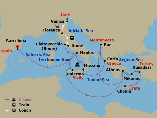 20 Night - Classic Italy - Tour 4A - Sun Princess Tours - Starting in Venice, Italy, Florence, Italy, Rome, Italy, Civitavecchia (for Rome), Italy, Naples, Italy (for Capri and Pompeii), Sicily (Palermo), Italy, Crete (Chania), Greece, Kusadasi, Turkey (for Ephesus), Mykonos, Greece, Athens (Piraeus), Greece, Montenegro, Corfu, Greece, Sicily (Messina), Italy, Naples, Italy (for Capri and Pompeii), Barcelona, Spain itinerary map