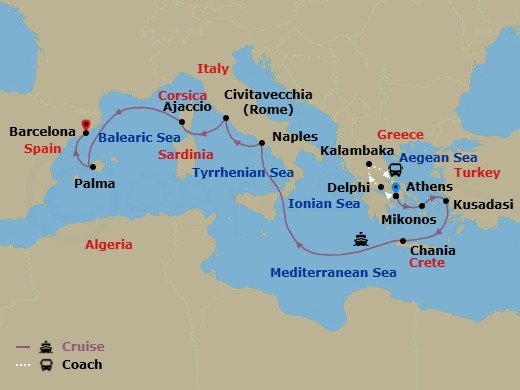 14 Night - Best of Greece - Tour 5D - Sun Princess Tours - Starting in Athens (Piraeus), Greece, Delphi, Greece, Kalambaka, Greece, Athens (Piraeus), Greece, Mykonos, Greece, Kusadasi, Turkey (for Ephesus), Crete (Chania), Greece, Naples, Italy (for Capri and Pompeii), Civitavecchia (for Rome), Italy, Corsica (Ajaccio), France, Mallorca (Palma), Spain, Barcelona, Spain itinerary map