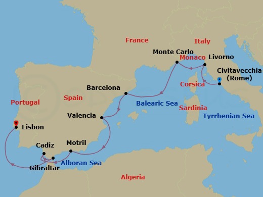9 Night - Caesars & Conquistadors - Oceania Vista - Starting in Rome (Civitavecchia), Florence / Pisa / Tuscany (Livorno), Monte Carlo, Barcelona, Valencia, Granada (Motril), Seville (Cadiz), Gibraltar, Lisbon itinerary map