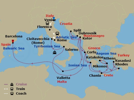 27 Night - Classic Italy - Tour 4H - Enchanted Princess Tours - Starting in Venice, Italy, Florence, Italy, Rome, Italy, Civitavecchia (for Rome), Italy, Amalfi Coast (Salerno), Dubrovnik, Croatia, Split, Croatia, Kotor, Montenegro, Corfu, Greece, Katakolon (for Olympia), Greece, Crete (Chania), Greece, Mykonos, Greece, Athens (Piraeus), Greece, Mykonos, Greece, Rhodes, Greece, Kusadasi, Turkey (for Ephesus), Crete (Chania), Greece, Katakolon (for Olympia), Greece, Corfu, Greece, Kotor, Montenegro, Valletta, Malta, Barcelona, Spain itinerary map