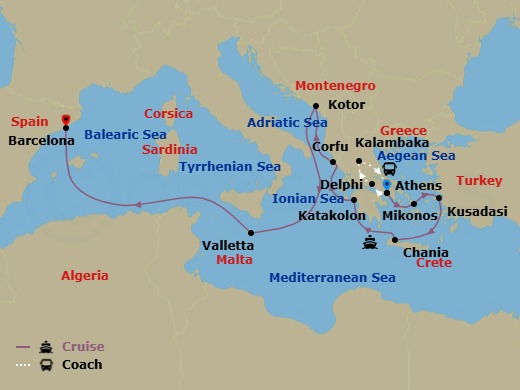 14 Night - Best of Greece - Tour 5D - Enchanted Princess Tours - Starting in Athens (Piraeus), Greece, Delphi, Greece, Kalambaka, Greece, Athens (Piraeus), Greece, Mykonos, Greece, Kusadasi, Turkey (for Ephesus), Crete (Chania), Greece, Katakolon (for Olympia), Greece, Corfu, Greece, Kotor, Montenegro, Valletta, Malta, Barcelona, Spain itinerary map
