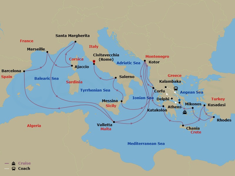 26 Night - Best of Greece - Tour 5G - Enchanted Princess Tours - Starting in Athens (Piraeus), Greece, Delphi, Greece, Kalambaka, Greece, Athens (Piraeus), Greece, Mykonos, Greece, Rhodes, Greece, Kusadasi, Turkey (for Ephesus), Crete (Chania), Greece, Katakolon (for Olympia), Greece, Corfu, Greece, Kotor, Montenegro, Valletta, Malta, Barcelona, Spain, Marseille (Provence), France, Corsica (Ajaccio), France, Santa Margherita, Italy, Valletta, Malta, Kotor, Montenegro, Corfu, Greece, Sicily (Messina), Italy, Amalfi Coast (Salerno), Civitavecchia (for Rome), Italy itinerary map