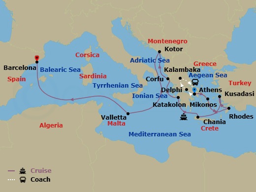 15 Night - Best of Greece - Tour 5E - Enchanted Princess Tours - Starting in Athens (Piraeus), Greece, Delphi, Greece, Kalambaka, Greece, Athens (Piraeus), Greece, Mykonos, Greece, Rhodes, Greece, Kusadasi, Turkey (for Ephesus), Crete (Chania), Greece, Katakolon (for Olympia), Greece, Corfu, Greece, Kotor, Montenegro, Valletta, Malta, Barcelona, Spain itinerary map