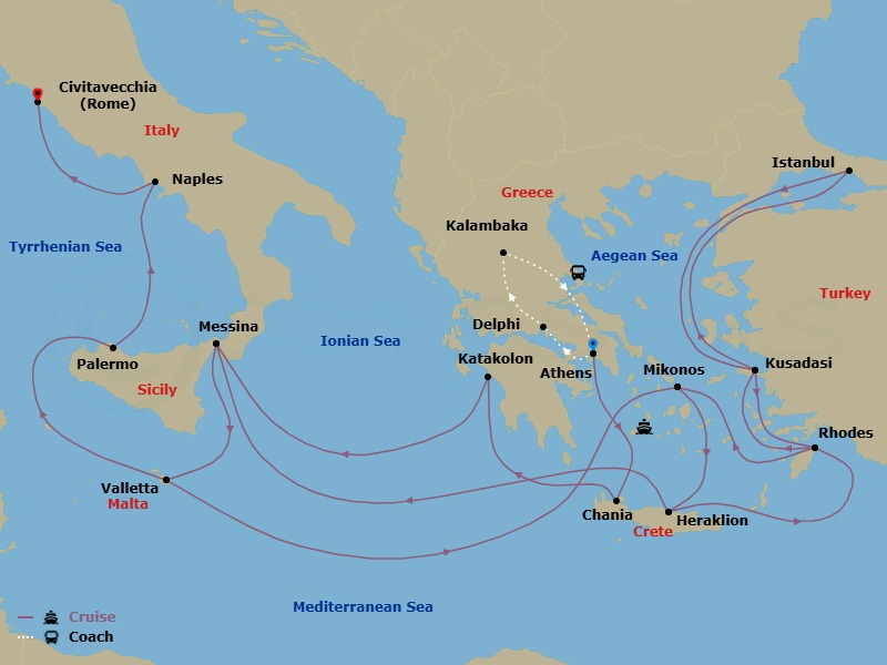 26 Night - Best of Greece - Tour 5G - Enchanted Princess Tours - Starting in Athens (Piraeus), Greece, Delphi, Greece, Kalambaka, Greece, Athens (Piraeus), Greece, Crete (Chania), Greece, Katakolon (for Olympia), Greece, Sicily (Messina), Italy, Valletta, Malta, Mykonos, Greece, Crete (Heraklion), Greece, Rhodes, Greece, Kusadasi, Turkey (for Ephesus), Istanbul, Turkey, Kusadasi, Turkey (for Ephesus), Rhodes, Greece, Mykonos, Greece, Crete (Heraklion), Greece, Sicily (Messina), Italy, Valletta, Malta, Sicily (Palermo), Italy, Naples, Italy (for Capri and Pompeii), Civitavecchia (for Rome), Italy itinerary map