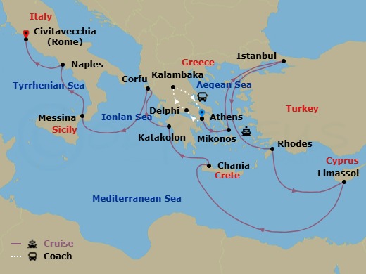 18 Night - Best of Greece - Tour 5B - Enchanted Princess Tours - Starting in Athens (Piraeus), Greece, Delphi, Greece, Kalambaka, Greece, Athens (Piraeus), Greece, Mykonos, Greece, Istanbul, Turkey, Rhodes, Greece, Limassol, Cyprus, Crete (Chania), Greece, Katakolon (for Olympia), Greece, Corfu, Greece, Sicily (Messina), Italy, Naples, Italy (for Capri and Pompeii), Civitavecchia (for Rome), Italy itinerary map