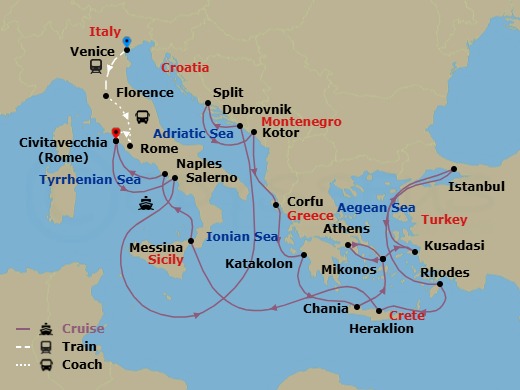 27 Night - Classic Italy - Tour 4C - Enchanted Princess Tours - Starting in Venice, Italy, Florence, Italy, Rome, Italy, Civitavecchia (for Rome), Italy, Amalfi Coast (Salerno), Dubrovnik, Croatia, Split, Croatia, Kotor, Montenegro, Corfu, Greece, Katakolon (for Olympia), Greece, Crete (Chania), Greece, Mykonos, Greece, Athens (Piraeus), Greece, Mykonos, Greece, Kusadasi, Turkey (for Ephesus), Istanbul, Turkey, Rhodes, Greece, Crete (Heraklion), Greece, Sicily (Messina), Italy, Naples, Italy (for Capri and Pompeii), Civitavecchia (for Rome), Italy itinerary map