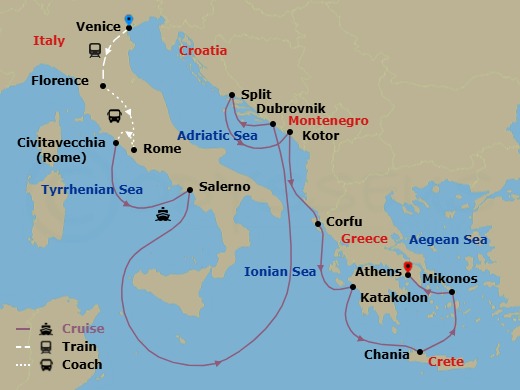 16 Night - Classic Italy - Tour 4F - Enchanted Princess Tours - Starting in Venice, Italy, Florence, Italy, Rome, Italy, Civitavecchia (for Rome), Italy, Amalfi Coast (Salerno), Dubrovnik, Croatia, Split, Croatia, Kotor, Montenegro, Corfu, Greece, Katakolon (for Olympia), Greece, Crete (Chania), Greece, Mykonos, Greece, Athens (Piraeus), Greece itinerary map