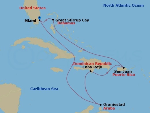 8 Night - Southern Caribbean - Miami - Norwegian Joy - Starting in Miami, Fl, Oranjestad, Aruba, Cabo Rojo, Dominican Republic, San Juan, Pr, Great Stirrup Cay, Bahamas, Miami, Fl itinerary map