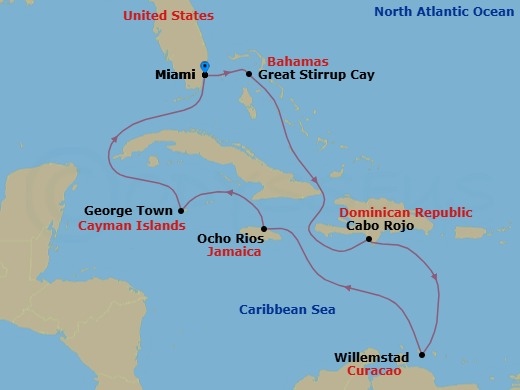 9 Night - Southern Caribbean - Miami - Norwegian Joy - Starting in Miami, Fl, Great Stirrup Cay, Bahamas, Cabo Rojo, Dominican Republic, Willemstad AN, Netherlands Antilles, Ocho Rios, Jamaica, George Town, Cayman Islands, Miami, Fl itinerary map