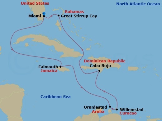 9 Night - Southern Caribbean - Miami - Norwegian Joy - Starting in Miami, Fl, Falmouth, Jamaica, Oranjestad, Aruba, Willemstad AN, Netherlands Antilles, Cabo Rojo, Dominican Republic, Great Stirrup Cay, Bahamas, Miami, Fl itinerary map