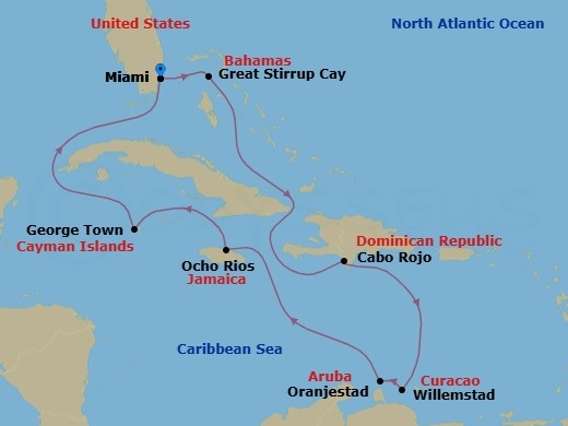 10 Night - Southern Caribbean - Miami - Norwegian Joy - Starting in Miami, Fl, Great Stirrup Cay, Bahamas, Cabo Rojo, Dominican Republic, Willemstad AN, Netherlands Antilles, Oranjestad, Aruba, Ocho Rios, Jamaica, George Town, Cayman Islands, Miami, Fl itinerary map