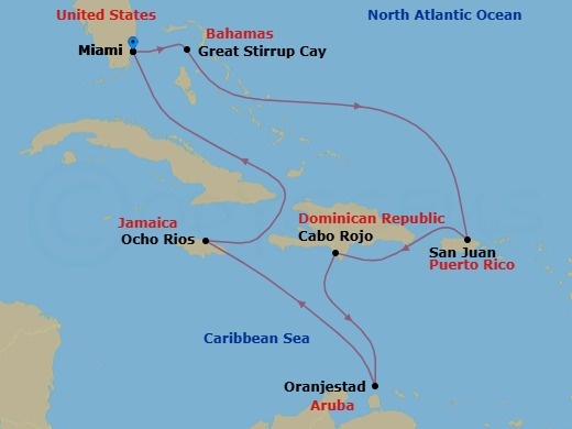 9 Night - Southern Caribbean - Miami - Norwegian Joy - Starting in Miami, Fl, Great Stirrup Cay, Bahamas, San Juan, Pr, Cabo Rojo, Dominican Republic, Oranjestad, Aruba, Ocho Rios, Jamaica, Miami, Fl itinerary map