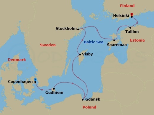 8 Night - Iconic Capitals & Towns of the Baltic - Le Champlain - Starting in Copenhagen, Gudhjem, Bornholm, Gdansk, Visby, Gotland, Stockholm, Saaremaa, Tallinn, Helsinki itinerary map