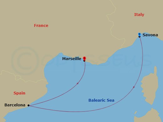3 Night - Western Mediterranean from Savona - Costa Fascinosa - Starting in Savona, Italy, Barcelona, Spain, Marseilles, France itinerary map