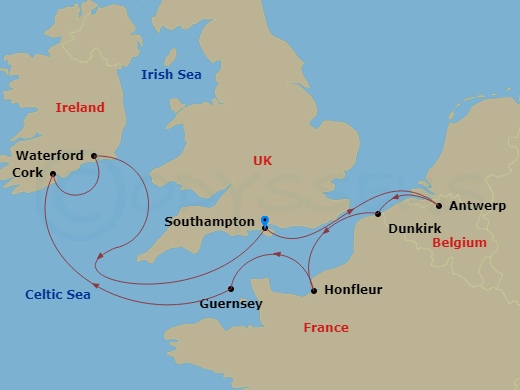9 Night - Spotlight with Ancestry - Seven Seas Voyager - Starting in London (Southampton), Antwerp, Dunkirk, Paris (Honfleur), St Peter Port, Guernsey, Cork (Cobh), Waterford, Cruising the Celtic Sea, London (Southampton) itinerary map