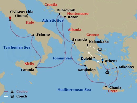 14 Night - Best of Greece - Tour 5H - Caribbean Princess Tours - Starting in Athens (Piraeus), Greece, Delphi, Greece, Kalambaka, Greece, Athens (Piraeus), Greece, Mykonos, Greece, Crete (Chania), Greece, Katakolon (for Olympia), Greece, Sarande, Albania, Dubrovnik, Croatia, Kotor, Montenegro, Sicily (Catania), Italy, Amalfi Coast (Salerno), Civitavecchia (for Rome), Italy itinerary map