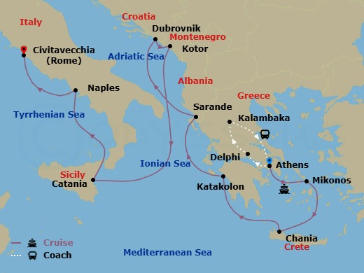 14 Night - Best of Greece - Tour 5H - Caribbean Princess Tours - Starting in Athens (Piraeus), Greece, Delphi, Greece, Kalambaka, Greece, Athens (Piraeus), Greece, Mykonos, Greece, Crete (Chania), Greece, Katakolon (for Olympia), Greece, Sarande, Albania, Dubrovnik, Croatia, Kotor, Montenegro, Sicily (Catania), Italy, Naples, Italy (for Capri and Pompeii), Civitavecchia (for Rome), Italy itinerary map