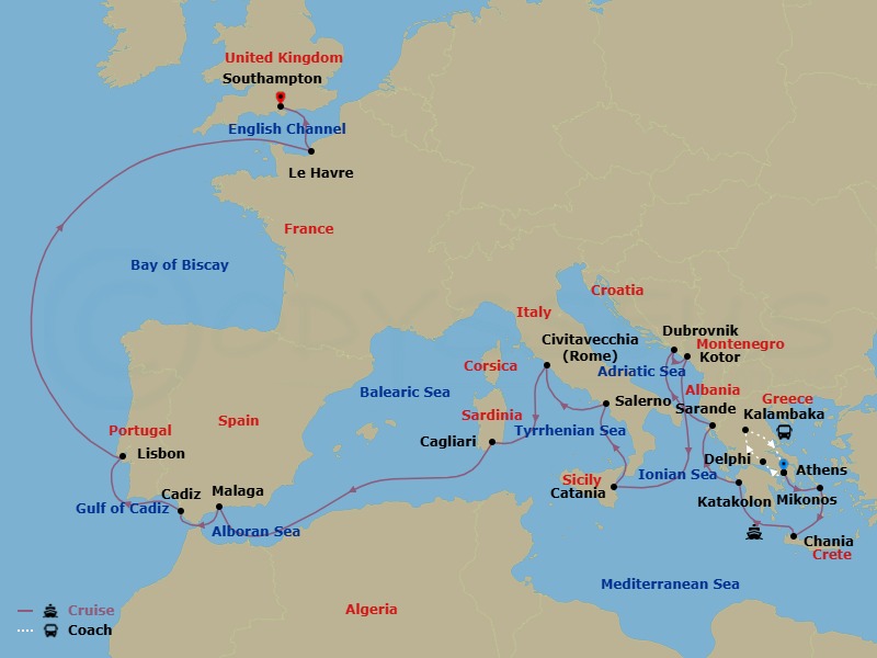 23 Night - Best of Greece - Tour 5F - Caribbean Princess Tours - Starting in Athens (Piraeus), Greece, Delphi, Greece, Kalambaka, Greece, Athens (Piraeus), Greece, Mykonos, Greece, Crete (Chania), Greece, Katakolon (for Olympia), Greece, Sarande, Albania, Dubrovnik, Croatia, Kotor, Montenegro, Sicily (Catania), Italy, Amalfi Coast (Salerno), Civitavecchia (for Rome), Italy, Sardinia (Cagliari), Italy, Malaga, Spain, Seville (Cadiz), Spain, Lisbon, Portugal, Le Havre (for Paris / Normandy), France, Southampton (for London), England itinerary map