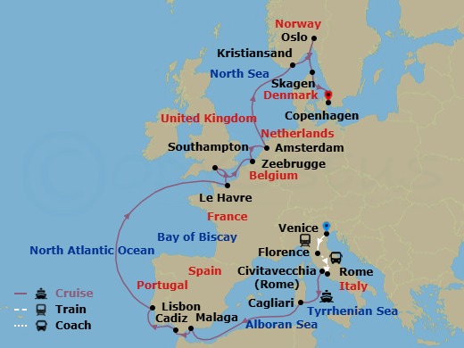 22 Night - Classic Italy - Tour 4G - Caribbean Princess Tours - Starting in Venice, Italy, Florence, Italy, Rome, Italy, Civitavecchia (for Rome), Italy, Sardinia (Cagliari), Italy, Malaga, Spain, Seville (Cadiz), Spain, Lisbon, Portugal, Le Havre (for Paris / Normandy), France, Southampton (for London), England, Zeebrugge (for Brussels / Bruges), Belgium, Amsterdam, Netherlands, Kristiansand, Norway, Oslo, Norway, Skagen, Denmark, Copenhagen, Denmark itinerary map
