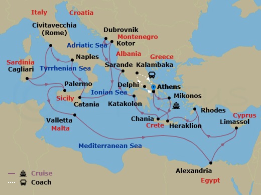 25 Night - Best of Greece - Tour 5C - Caribbean Princess Tours - Starting in Athens (Piraeus), Greece, Delphi, Greece, Kalambaka, Greece, Athens (Piraeus), Greece, Mykonos, Greece, Crete (Chania), Greece, Katakolon (for Olympia), Greece, Sarande, Albania, Dubrovnik, Croatia, Kotor, Montenegro, Sicily (Catania), Italy, Naples, Italy (for Capri and Pompeii), Civitavecchia (for Rome), Italy, Sardinia (Cagliari), Italy, Sicily (Palermo), Italy, Valletta, Malta, Alexandria EG (for Cairo and Giza), Egypt, Limassol, Cyprus, Rhodes, Greece, Crete (Heraklion), Greece, Athens (Piraeus), Greece itinerary map