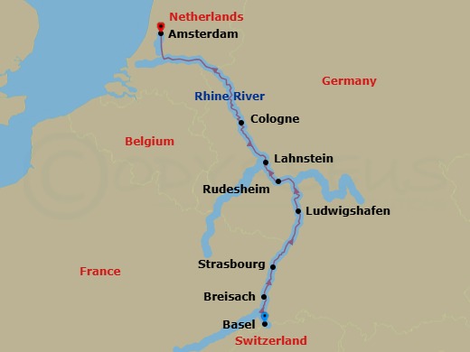 7 Night - Enchanting Rhine (Wine Cruise) - AmaStella - Starting in Basel, Breisach, Strasbourg, Ludwigshafen, Rudesheim, Lahnstein, Cologne, Amsterdam itinerary map