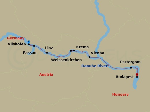 7 Night - Romantic Danube (Wine Cruise) - AmaReina - Starting in Vilshofen, Passau, Linz, Weissenkirchen, Krems, Vienna, Esztergom, Budapest itinerary map