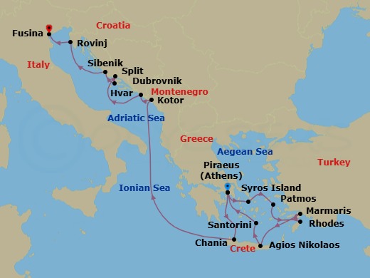16 Night - Greece & Croatia Combination Cruise : Rhodes, Santorini & Hvar - Azamara Journey - Starting in Athens (Piraeus), Syros, Patmos, Rhodes, Marmaris, Agios Nikolaos, (Crete), Santorini, Athens (Piraeus), Chania, Crete, Kotor, Dubrovnik, Croatia, Split, Hvar, Sibenik, Rovinj (Istria), Venice (Fusina) itinerary map