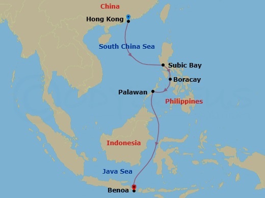 7 Night - Round World from Hongkong - Costa Serena - Starting in Hong Kong, Subic Bay, Boracay, Puerto Princesa (Palawan), Benoa (Bali) itinerary map