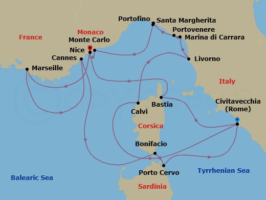 14 Night - Discover the Glamour of the Rivieras - Emerald Sakara - Starting in Rome (Civitavecchia), Italy, Calvi, Corsica, France, Livorno (Florence), Italy, Marina di Carrara, Italy, Porto Venere (Cinque Terre), Italy, Santa Margherita Ligure, Italy / Portofino, Italy, Monte Carlo, Monaco, Nice, France, Marseille, France, Cannes, France, Bonifacio, Corsica, France, Porto Cervo, Sardinia, Italy, Rome (Civitavecchia), Italy, Bastia, Corsica, France, Nice, France itinerary map