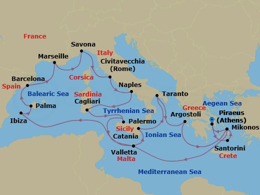 20 Night - Eastern Mediterranean from Athens (Pireo) - Costa Serena - Starting in Piraeus (Athens), Thira (Santorini), Mykonos, Malta / La Valletta, Ibiza, Palma De Mallorca, Barcelona, Marseille, Savona, Civitavecchia (Rome), Naples, Cagliari, Palermo, Malta / La Valletta, Catania, Taranto, Argostoli (Cephalonia), Mykonos, Piraeus (Athens) itinerary map
