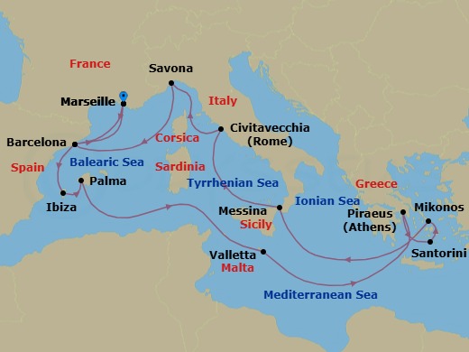 16 Night - Western Mediterranean Roundtrip from Marseille - Costa Serena - Starting in Marseille, Barcelona, Ibiza, Palma De Mallorca, Malta / La Valletta, Piraeus (Athens), Thira (Santorini), Mykonos, Messina (Taormina), Civitavecchia (Rome), Savona, Barcelona, Marseille itinerary map