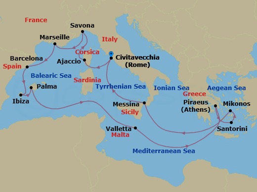 15 Night - Western Mediterranean Roundtrip from Rome (Civitavecchia) - Costa Serena - Starting in Civitavecchia (Rome), Ajaccio (Corsica), Savona, Marseille, Barcelona, Ibiza, Palma De Mallorca, Malta / La Valletta, Piraeus (Athens), Thira (Santorini), Mykonos, Messina (Taormina), Civitavecchia (Rome) itinerary map
