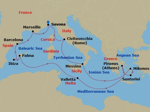 14 Night - Mediterranean Roundtrip from Savona - Costa Serena - Starting in Savona, Marseille, Barcelona, Ibiza, Palma De Mallorca, Malta / La Valletta, Piraeus (Athens), Thira (Santorini), Mykonos, Messina (Taormina), Civitavecchia (Rome), Savona itinerary map